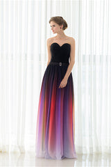 Prom Dress Websites, A Line Strapless Sleeveless Colorful Chiffon Floor Length Prom Dresses With Belt
