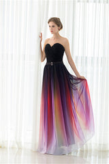 Prom Dresses Sites, A Line Strapless Sleeveless Colorful Chiffon Floor Length Prom Dresses With Belt