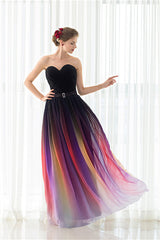 Prom Dresses Affordable, A Line Strapless Sleeveless Colorful Chiffon Floor Length Prom Dresses With Belt
