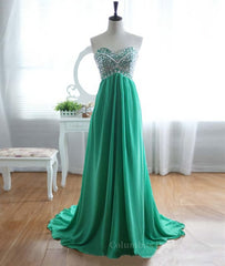 Evening Dress Long, A-Line Strapless Sweetheart Neck Green Chiffon Long Prom Dresses, Green Evening Dresses
