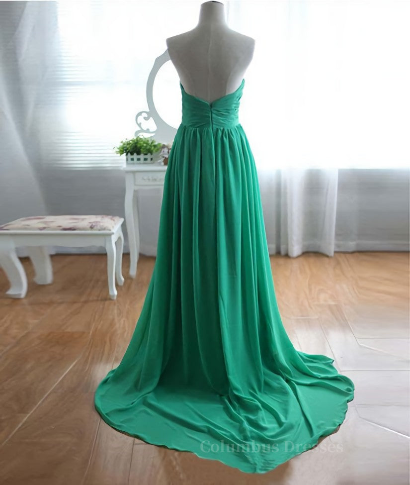 Club Dress, A-Line Strapless Sweetheart Neck Green Chiffon Long Prom Dresses, Green Evening Dresses