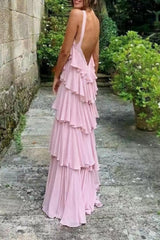 Party Dress Large Size, A Line Straps Tiered Chiffon Floor Length Long Prom Dress Pink Formal Evening Dresses