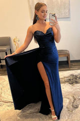 A Line Sweethaert Navy Blue Long Prom Dress with Split Front