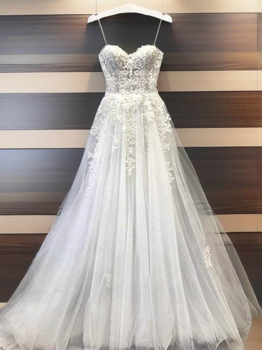 Weddings Dresses Fall, A-line Sweetheart Appliques Lace Floor-Length Lace Wedding Dress