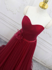 Prom Dress 2025, A-Line Sweetheart Neck Burgundy Long Prom Dress, Burgundy Bridesmaid Dress