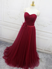 Prom Dresses 2025, A-Line Sweetheart Neck Burgundy Long Prom Dress, Burgundy Bridesmaid Dress