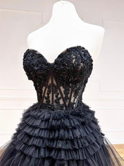 Formal Dresses Fashion, A-Line Sweetheart Neck Lace Black Long Prom Dress, Black Formal Dress