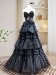 Formal Dress Gowns, A-Line Sweetheart Neck Lace Black Long Prom Dress, Black Formal Dress