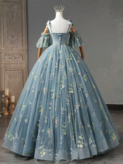 Evening Dresses Green, A-Line Sweetheart Neck Lace Gray Blue Long Prom Dress, Gray Blue Sweet 16 Dress
