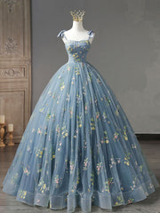Evening Dress 2026, A-Line Sweetheart Neck Lace Gray Blue Long Prom Dress, Gray Blue Sweet 16 Dress