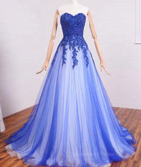 Homecoming Dresses Long, A Line Sweetheart Neck Lace Tulle Blue Long Prom Dresses, Blue Formal Dresses, Blue Lace Evening Dresses