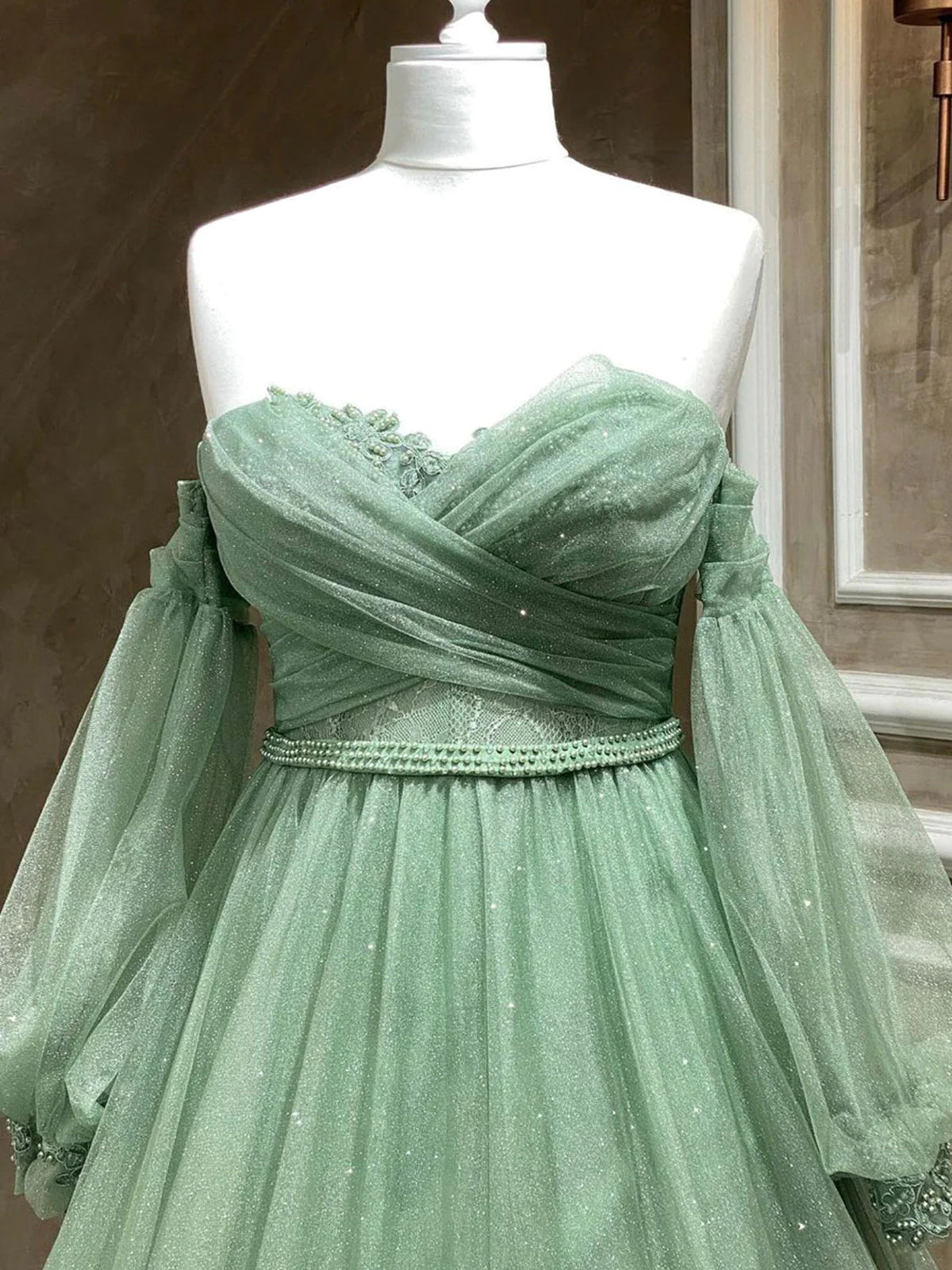 Bridesmaid Dresses Green, A Line Sweetheart Neck Long Sleeves Green Tulle Long Prom Dress, Long Green Formal Evening Dress