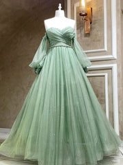 Bridesmaid Dresses With Sleeves, A Line Sweetheart Neck Long Sleeves Green Tulle Long Prom Dress, Long Green Formal Evening Dress