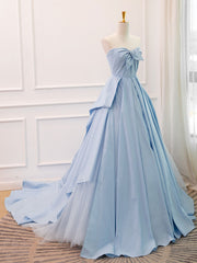 Engagement Dress, A-Line Sweetheart Neck Satin Tulle Blue Long Prom Dress, Blue Evening Dress