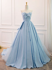 Mafia Dress, A-Line Sweetheart Neck Satin Tulle Blue Long Prom Dress, Blue Evening Dress