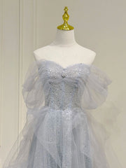 Summer Wedding Guest Dress, A-Line Sweetheart Neck Sequin Gray Long Prom Dress, Gray Formal Dress