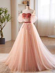 Flowy Dress, A-Line Sweetheart Neck Sequin Tulle Pink Long Prom Dress, Pink Formal Dress