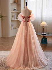 Bow Dress, A-Line Sweetheart Neck Sequin Tulle Pink Long Prom Dress, Pink Formal Dress