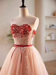 Semi Formal, A-Line Sweetheart Neck Sequin Tulle Pink Long Prom Dress, Pink Formal Dress