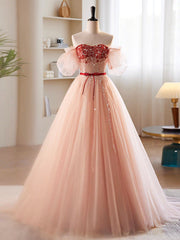 Design Dress, A-Line Sweetheart Neck Sequin Tulle Pink Long Prom Dress, Pink Formal Dress