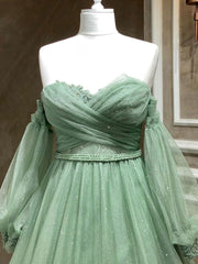 Homecoming Dresses With Tulle, A-Line Sweetheart Neck Tulle Green Long Prom Dress, Green Formal Evening Dress
