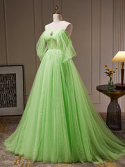 Formal Dress Outfits, A-Line Sweetheart Neck Tulle Green Long Prom Dress, Green Tulle Long Evening Dress