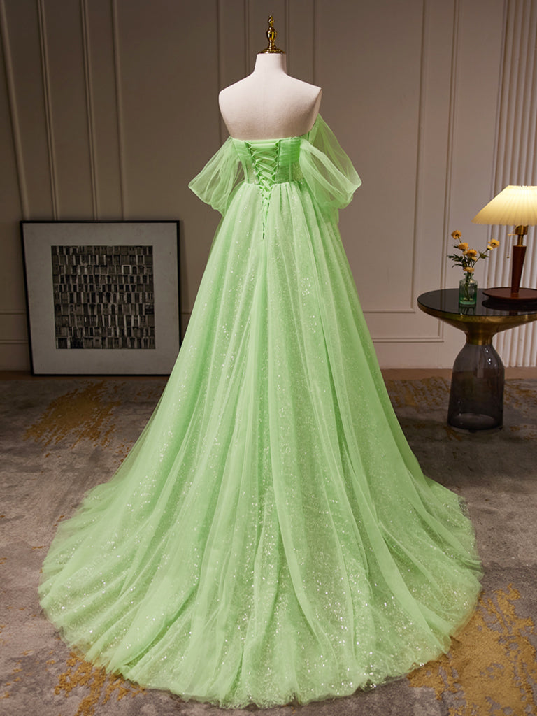Formal Dresses Lace, A-Line Sweetheart Neck Tulle Green Long Prom Dress, Green Tulle Long Evening Dress