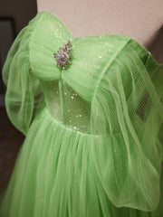 Formal Dress Gown, A-Line Sweetheart Neck Tulle Green Long Prom Dress, Green Tulle Long Evening Dress
