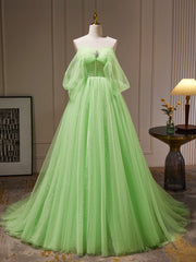 Formal Dresses For Weddings, A-Line Sweetheart Neck Tulle Green Long Prom Dress, Green Tulle Long Evening Dress