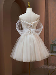Prom Dress Green, A Line Sweetheart Neck Tulle Lace Beige Short Prom Dress,  Puffy Cute Homecoming Dress
