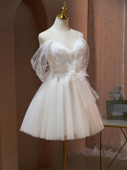 Prom Dresses Outfits Fall Casual, A Line Sweetheart Neck Tulle Lace Beige Short Prom Dress,  Puffy Cute Homecoming Dress
