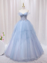 Evening Dress 1955S, A-Line Sweetheart Neck Tulle Lace Blue Long Prom Dress, Blue Formal Evening Dress