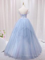 Evening Dress 1955, A-Line Sweetheart Neck Tulle Lace Blue Long Prom Dress, Blue Formal Evening Dress