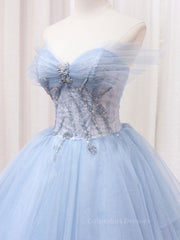 Evening Dress Modest, A-Line Sweetheart Neck Tulle Lace Blue Long Prom Dress, Blue Formal Evening Dress