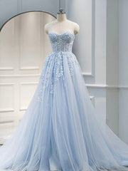Prom Dresses Shiny, A Line Sweetheart Neck Tulle lace Blue Long Prom Dresses, Lace Formal Gown Graduation Dresses