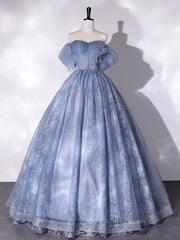 Evening Dress Elegant Classy, A-Line Sweetheart Neck Tulle Lace Long Prom Dress, Blue Sweet 16 Dress