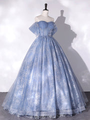 Evening Dresses Petite, A-Line Sweetheart Neck Tulle Lace Long Prom Dress, Blue Sweet 16 Dress