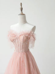 Formal Dresses Fall, A-Line Sweetheart Neck Tulle Lace Pink Long Prom Dress, Pink Formal Dress