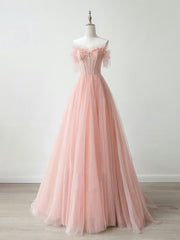 Formal Dress Fall, A-Line Sweetheart Neck Tulle Lace Pink Long Prom Dress, Pink Formal Dress