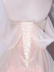 Prom Dresses Ball Gown, A-Line Sweetheart Neck Tulle Pink Formal Dress, Off Shoulder Pink Formal Dress