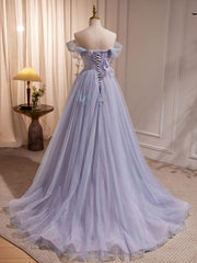 Formal Dresses For Wedding Guests, A-Line Sweetheart Neck Tulle Purple Long Prom Dress, Purple Formal Dress