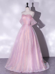 Homecoming Dresses Fitted, A-Line Sweetheart Neck Tulle Sequin Pink Long Prom Dress, Pink Tulle Formal Dress