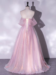 Homecomming Dresses Fitted, A-Line Sweetheart Neck Tulle Sequin Pink Long Prom Dress, Pink Tulle Formal Dress