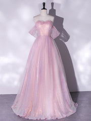 Homecoming Dress Fitted, A-Line Sweetheart Neck Tulle Sequin Pink Long Prom Dress, Pink Tulle Formal Dress