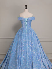Evening Dresses Stores, A-Line Sweetheart Neck Velvet Sequin Blue Long Prom Dress, Blue Formal Dress