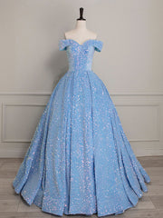Evening Dresses For Sale, A-Line Sweetheart Neck Velvet Sequin Blue Long Prom Dress, Blue Formal Dress