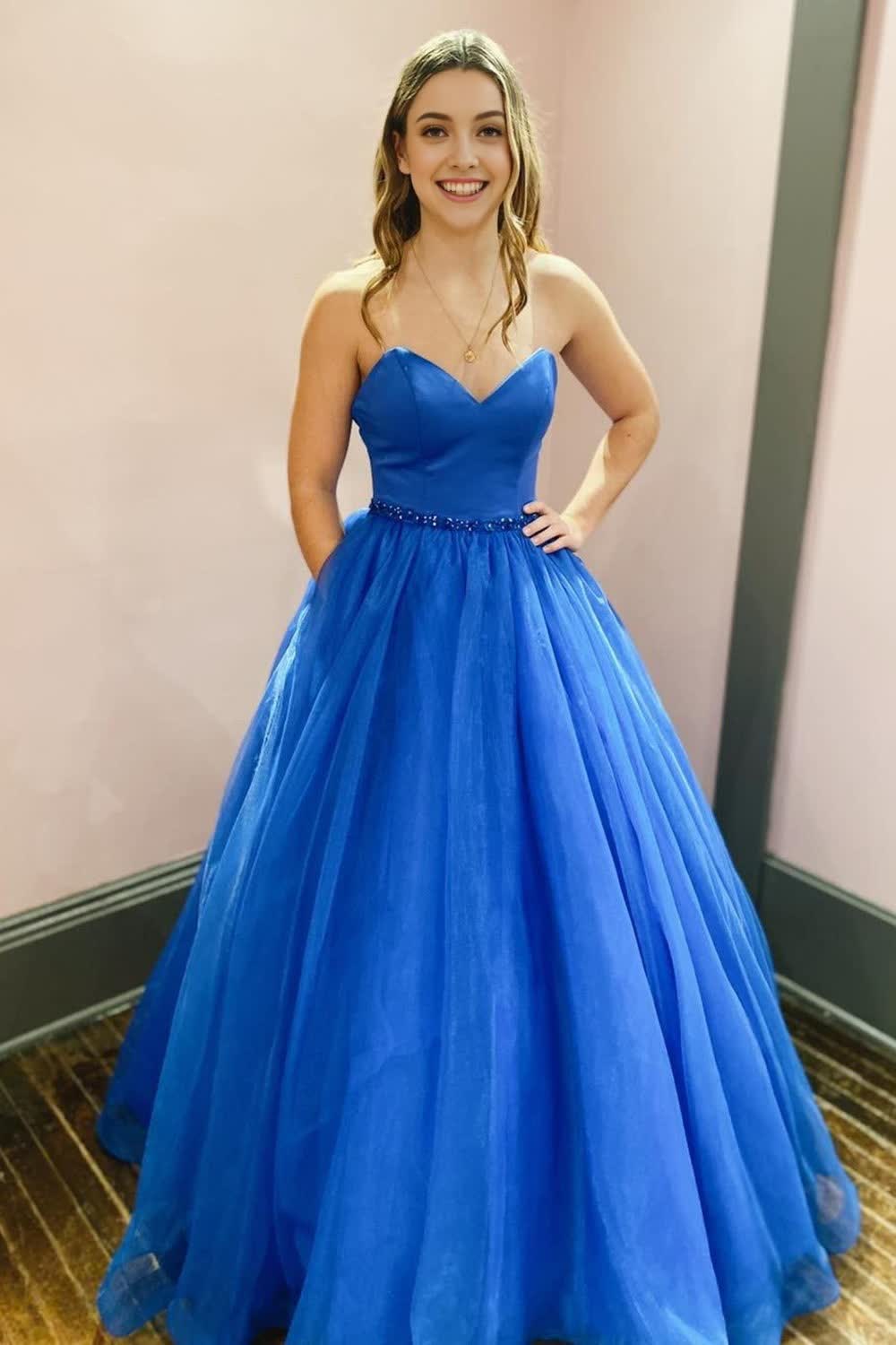 A Line Sweetheart Royal Blue Long Prom Dress with Beading and Pockets