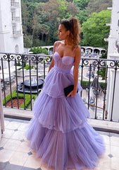 Prom Dress Uk, A-line Sweetheart Sleeveless Long/Floor-Length Tulle Prom Dress With Ruffles