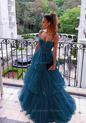 Prom Dress Cute, A-line Sweetheart Sleeveless Long/Floor-Length Tulle Prom Dress With Ruffles