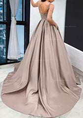 Prom Dress Navy, A-line Sweetheart Sleeveless Satin Sweep Train Prom Dress With Pockets